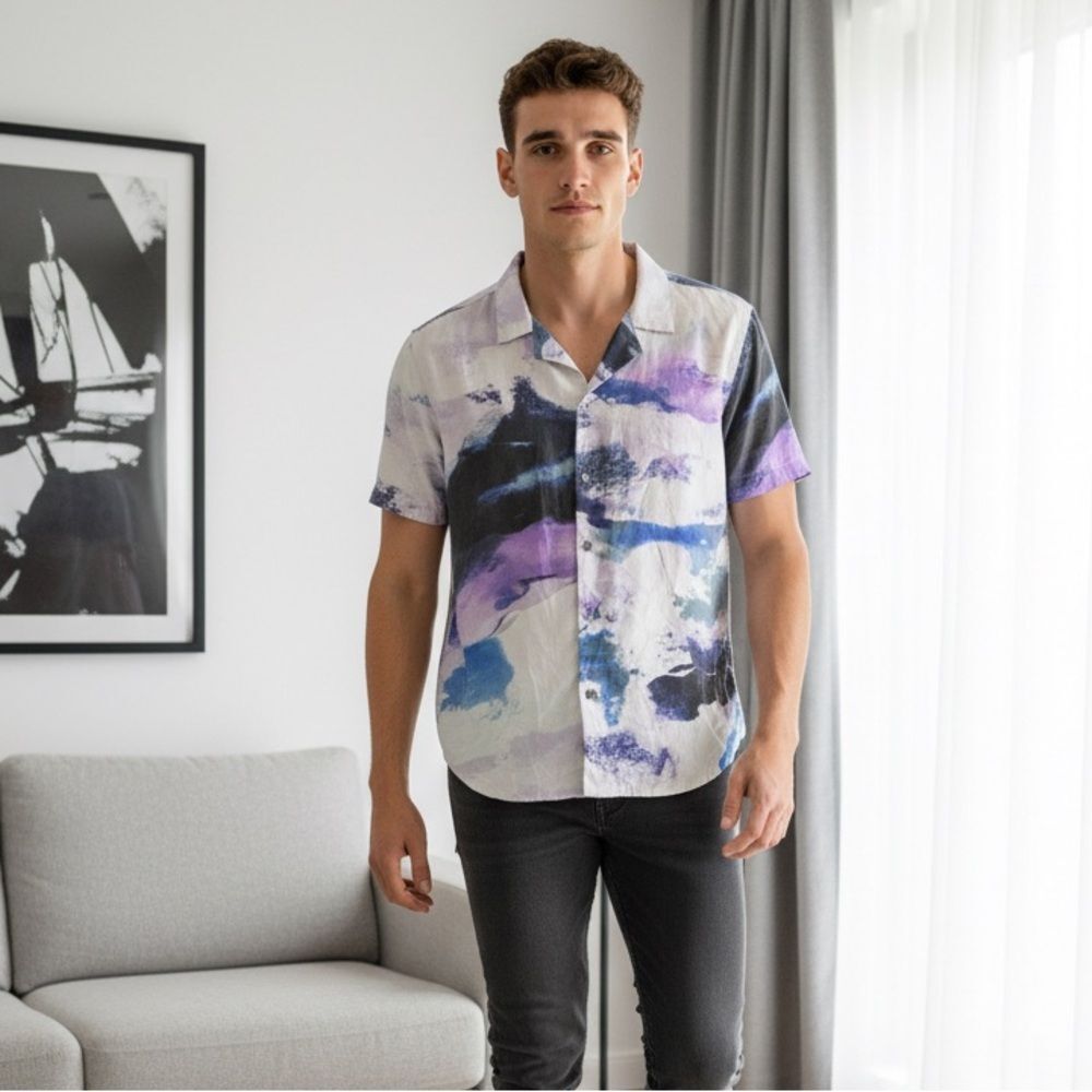 EUC Open Edit Mens Watercolor Purple Blue Button Down Short Sleeve Blouse - M